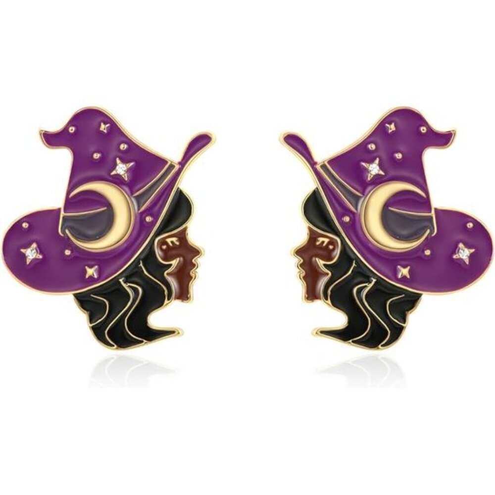 WOWORAMA Witch Earrings | Purple Hat with Crescent & Stars